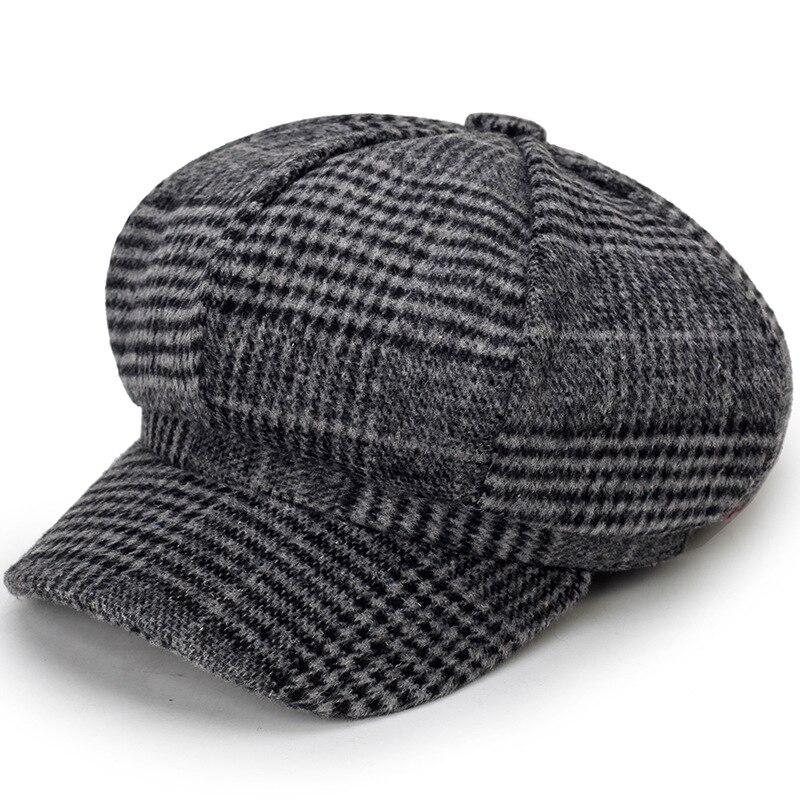 Women's Beret Newsboy Hat Autumn and Winter Casua Beret Imitation Woolen Plaid Octagonal Hat Women Caps