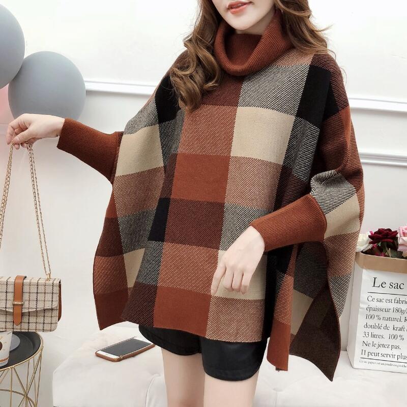manteau lâche col haut à carreaux châle chandail femme manches chauve-souris chandail