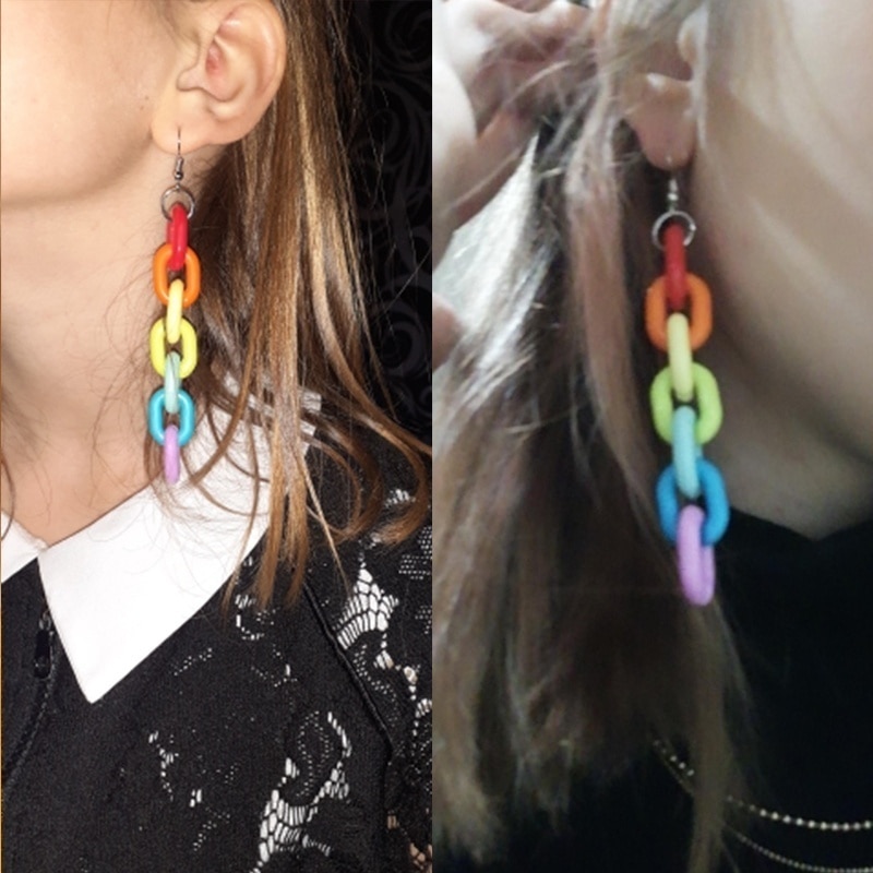 CHUHAN Punk Hiphop Acrylic Rainbow Chain Earrings Fun Cool Dangle Earrings for Girls Women Earrings for Women