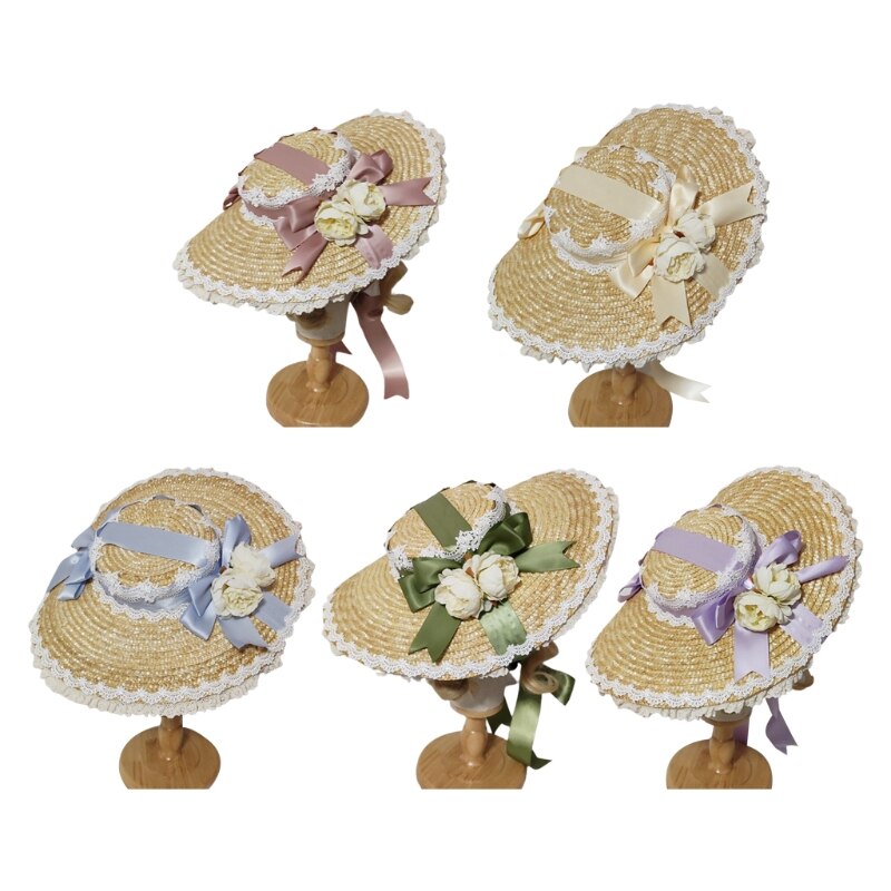 Japanese Lolita Sweet Handmade Straw Sun Hat Lace Patchwork Ribbon Bandage Bowknot Wide Brim Tea Party Flat Cap