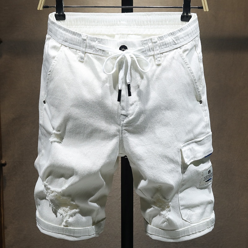 Sommer mænds hvide denim shorts elastisk talje stor lomme lige stretch korte jeans mandlige mærke tøj