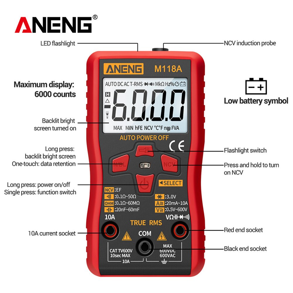 Multimeter Digital Mini Tester High Precision Auto True Tranistor Meter for Home House Family