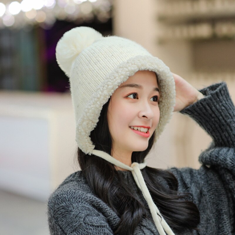 Lamb wool hats women's knitted fleece-lined caps winter bomber hats with velvet thickness warm hats cold-proof caps for girls
