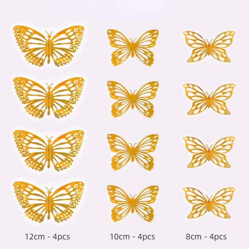 12 Stks/partij 3D Hollow Vlinder Muurstickers Goud Rose Goud Metallic Glans Stickers Diy Slaapkamer Woonkamer Feestelijke Decoratie: D / Gold