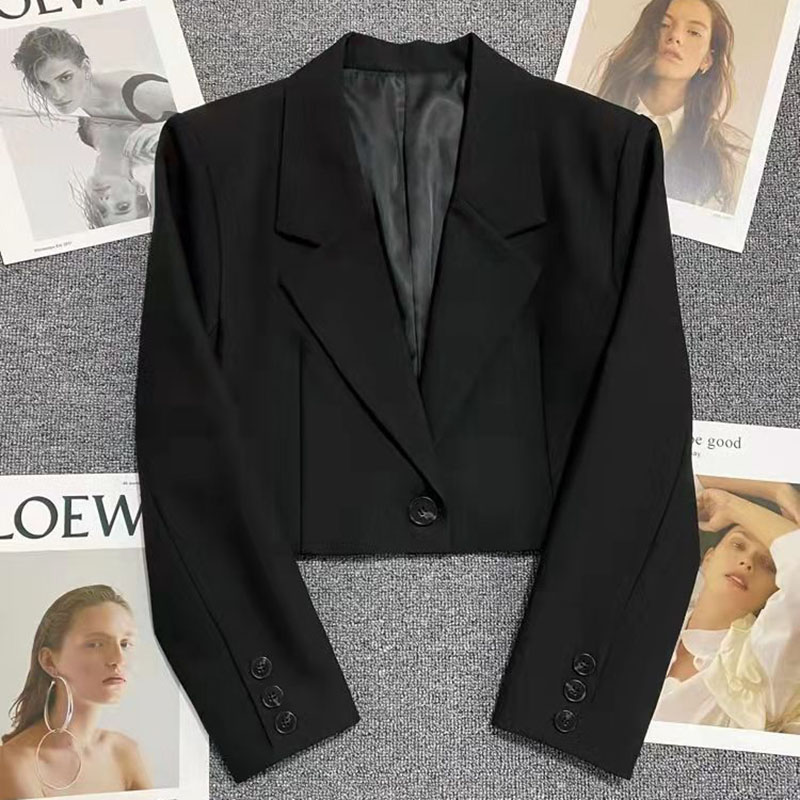 Cropped Blazers for Women Korean Long Sleeve Button Up Suit Jacket Woman All Match Office Blazer Female: XL / Navy Blue