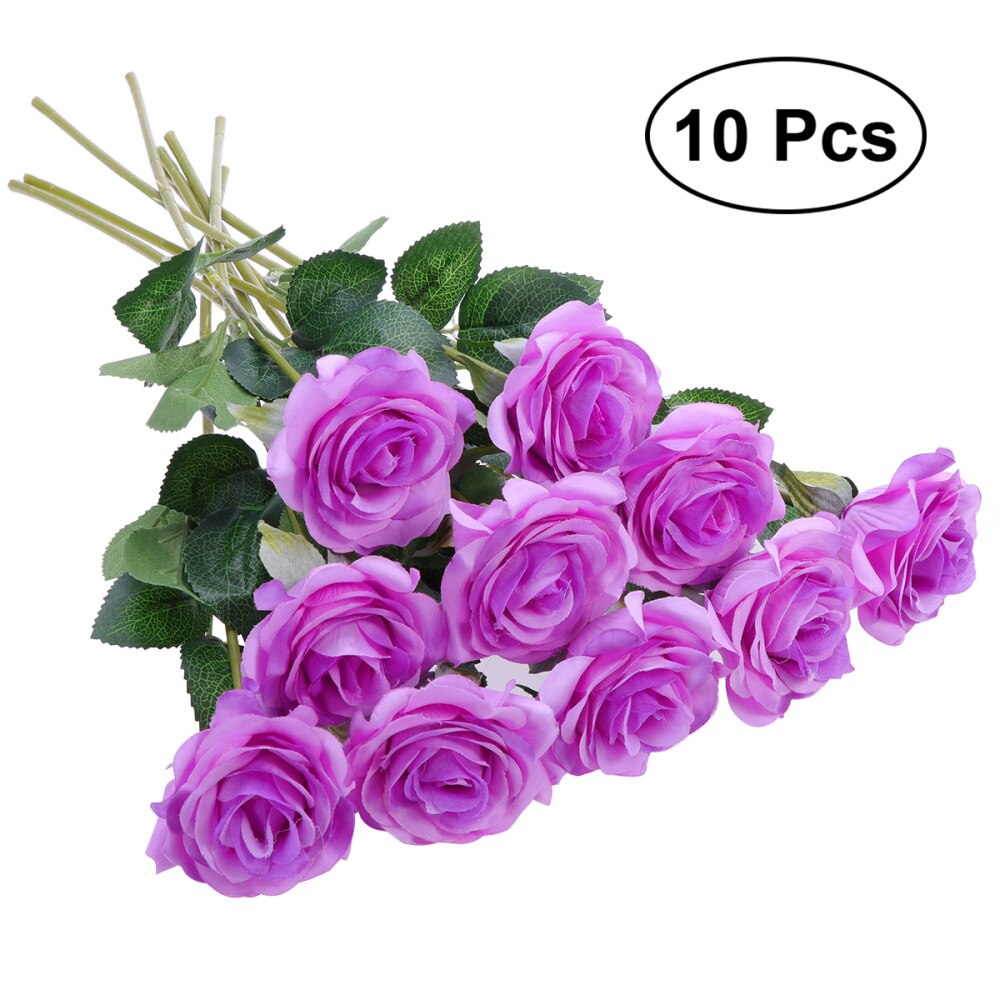 10 st konstgjorda blommor lång stam silke ros blomma bukett bröllopsfest heminredning vit: Lila
