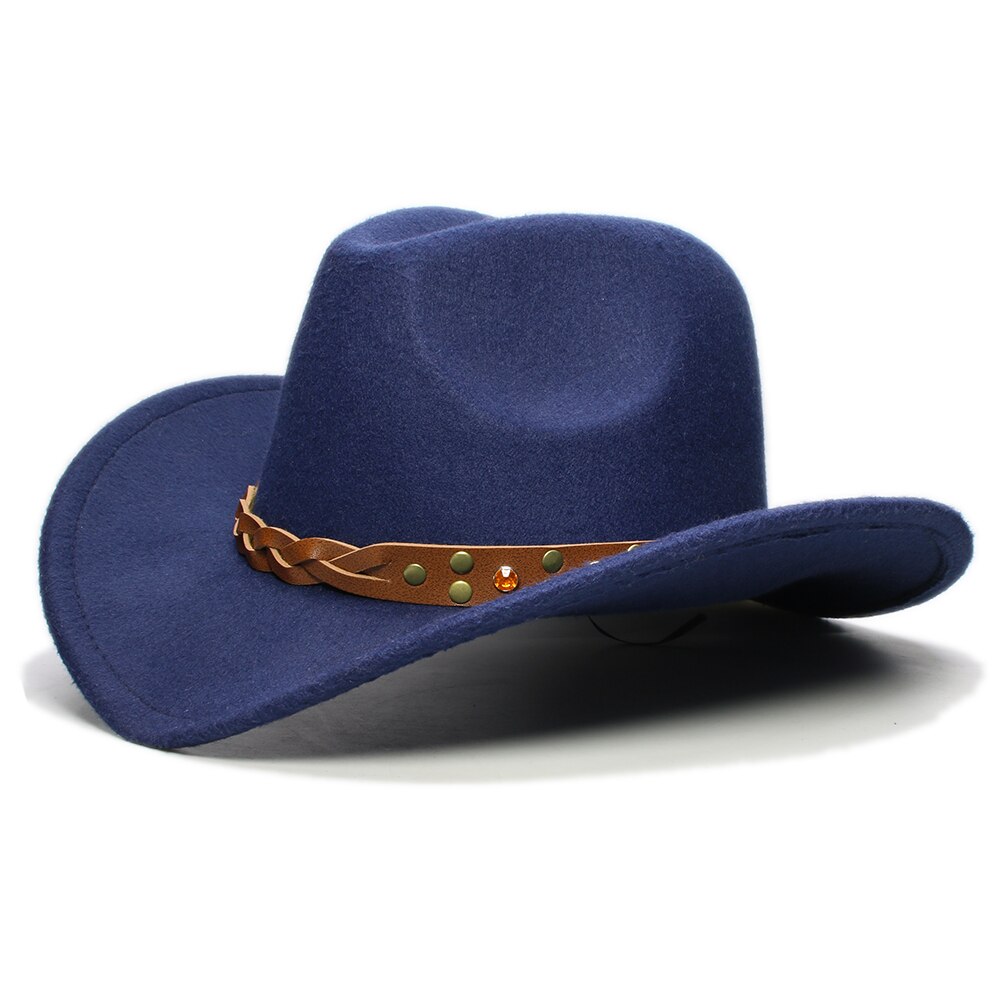 Retro Turquoise Yellow Crystal Band Parent-child Unisex /Kid Wool Wide Brim Cowboy Western Hat Cowgirl Bowler Cap (57cm/54cm): Navy / Kid Size 54cm