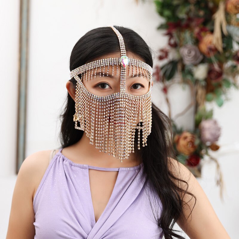 Mavedans ansigtsmaske metal diamant kædeslør indisk dans kvindelig voksen high-end ansigts cover performance tilbehør: Ansigtsmaske i guld