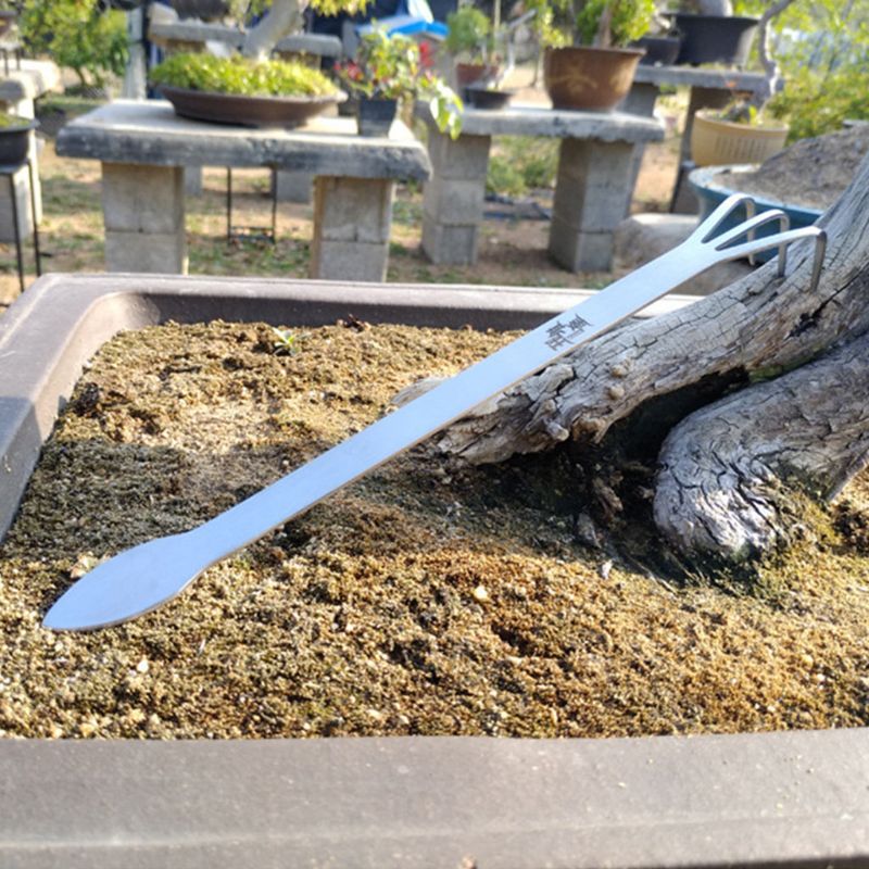 Rastrillo de raíz de bonsái de acero inoxidable, espátula de jardinería para aflojar el suelo, herramienta de jardín multifuncional, 1 ud.