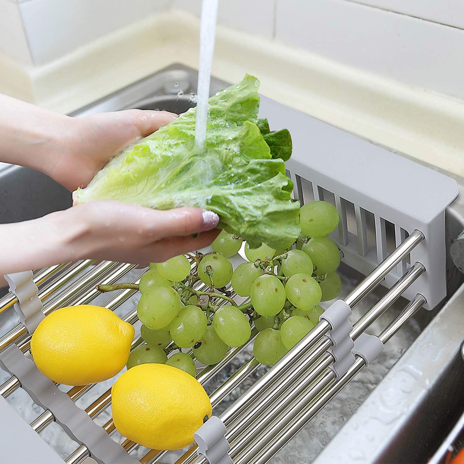 Adjustable Sink Drainer Basket Stainless Steel Kitchen Dish Drying Rack Over Sink Storage For Vegetable Tray Drainer Organizer