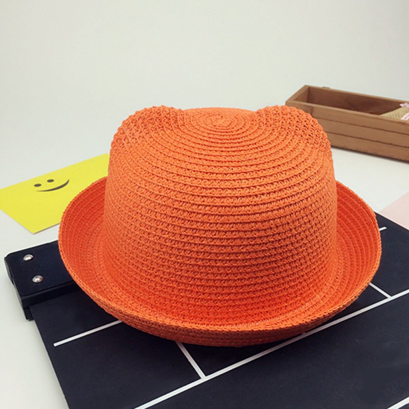 Sombreros de paja a la para chicas y niños, gorros de paja para el sol de bebé, gorro de decoración con orejas de gato flexible y sólido, dg88