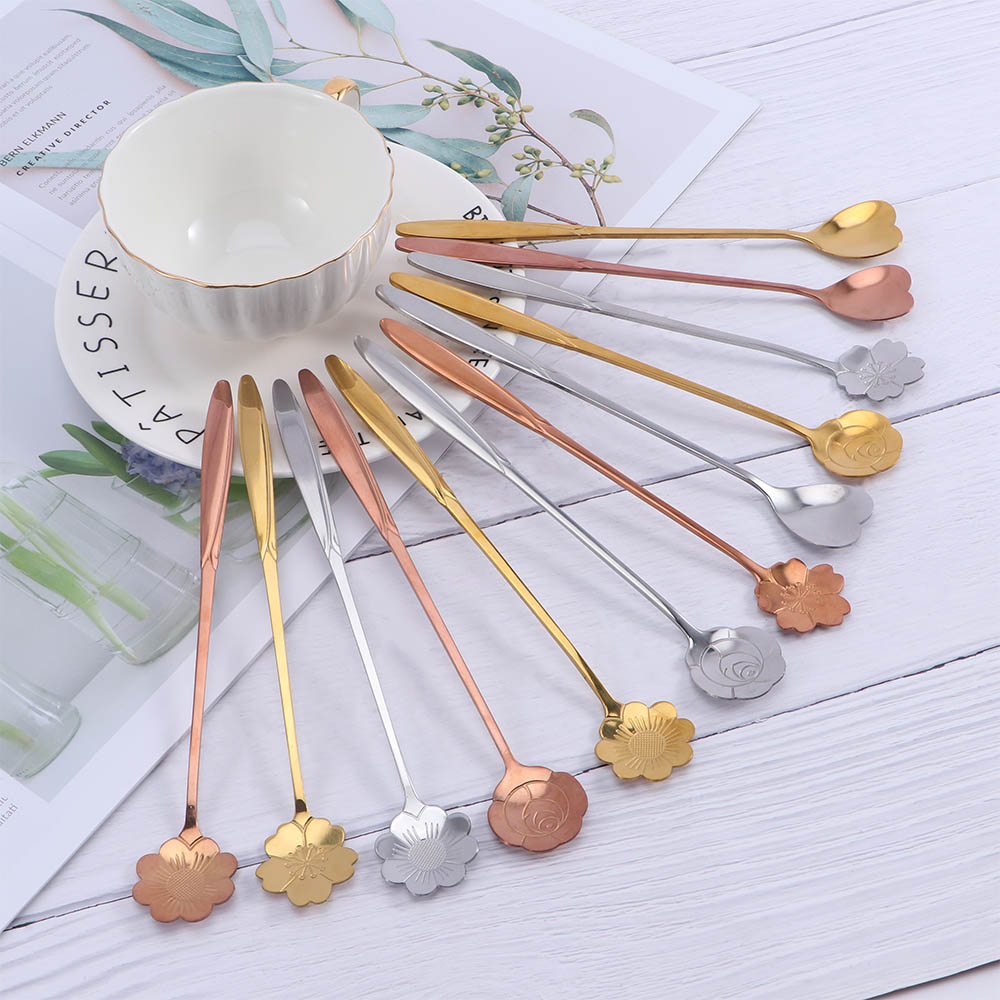 Flowers Gold Spoon Long Handle Dessert Tea Coffee Mixing Spoon Stainless Steel Vintage Teaspoons Drink Tableware