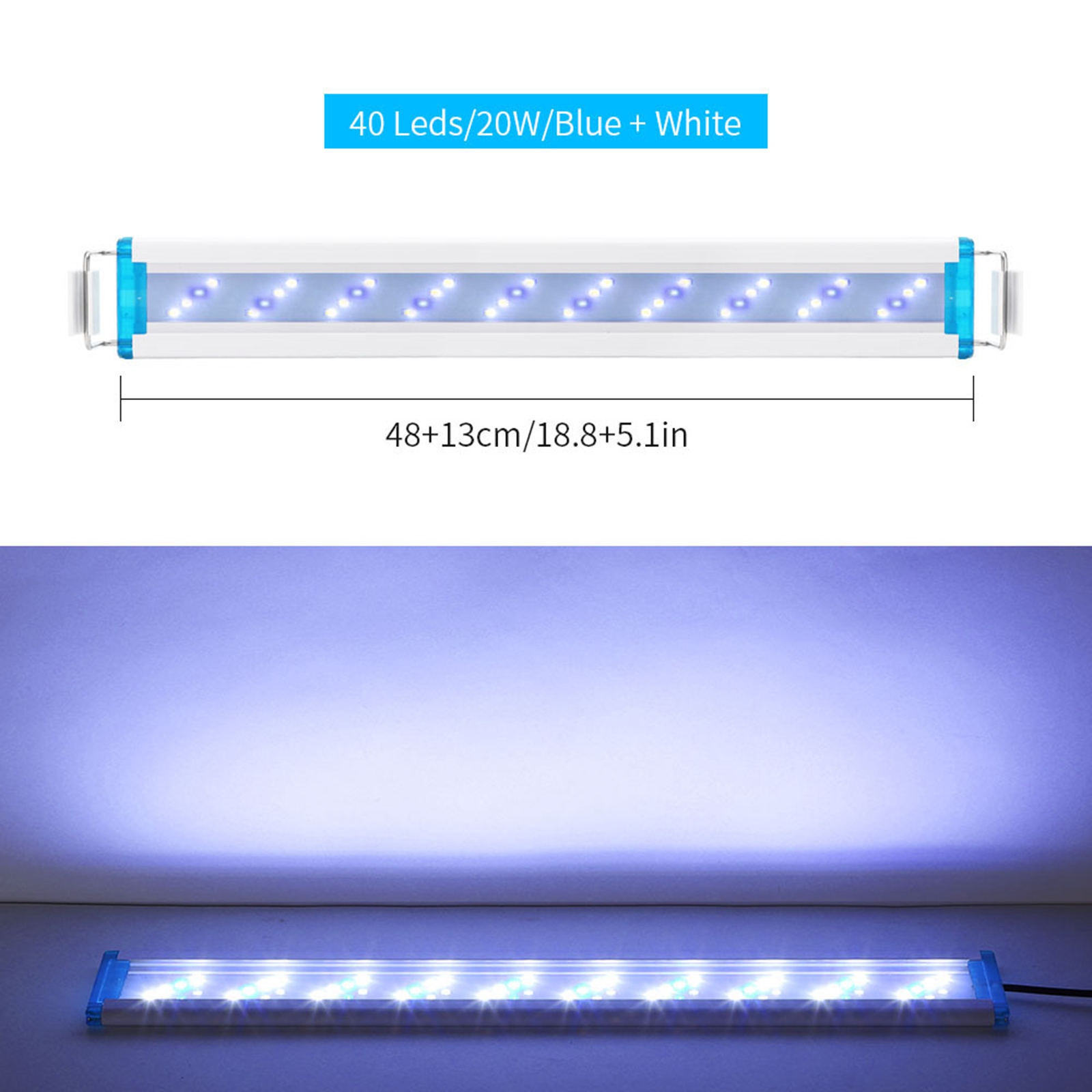 Aquarium LED Light Super Slim Fish Tank Aquatic Plant Grow Lighting 18-48cm Clip on Bracket Lamp For Marine Reef Aquarium: White Blue 48cm