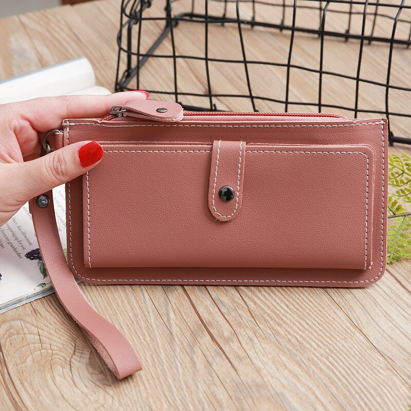 European women's wallet long dark buckle wallet large capacity multi-function hand take purse multi-card wallet: HE