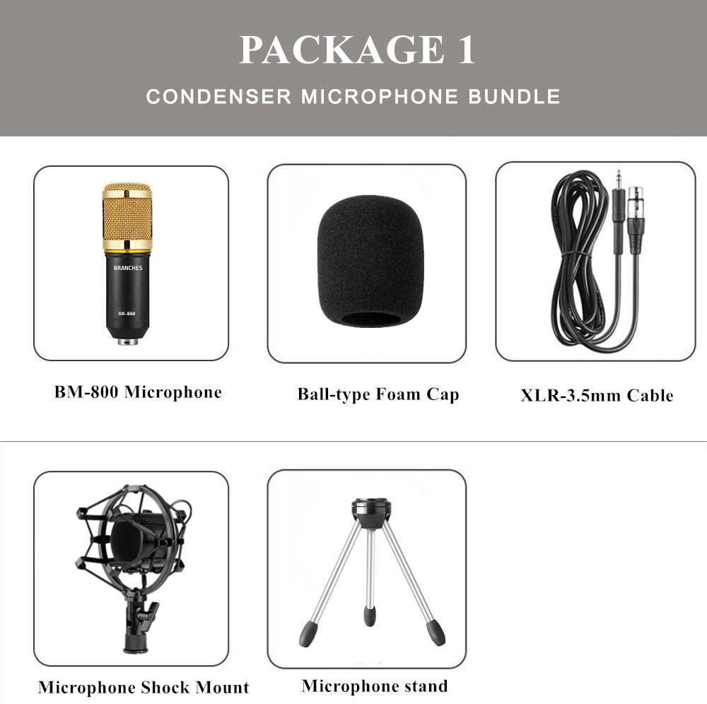 Micrófono condensador BM800 de BM-800, Kit de micrófono para ordenador, soporte de choque, tapa de espuma y Cable como micrófono BM 800