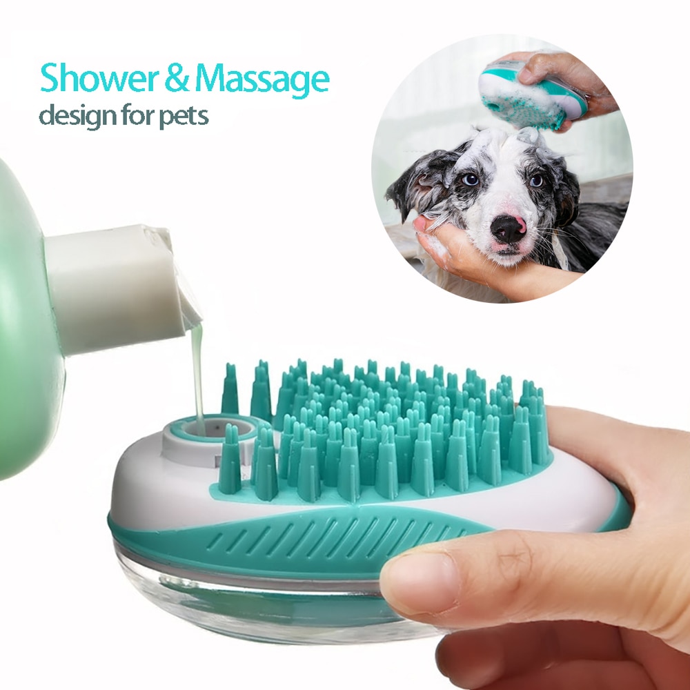 Escova de banho para cães e gatos, 2 em 1, pente de massagem spa para animais de estimação, silicone macio, chuveiro de animais de estimação, aliciamento de cabelo, ferramenta de limpeza de cães, suprimentos para animais de estimação