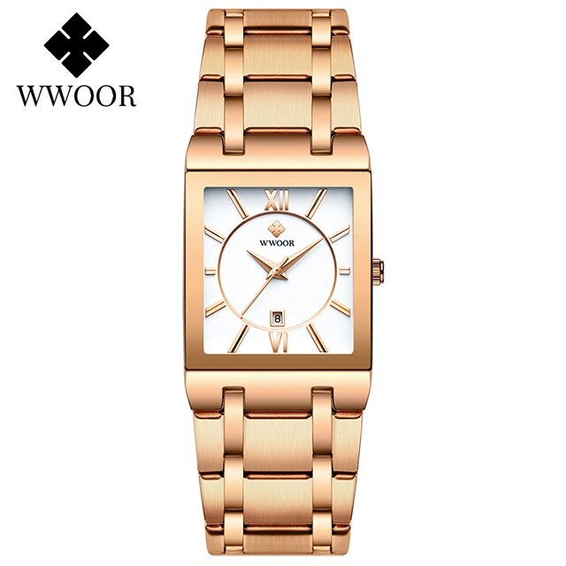 WWOOR-Relojes de pulsera para mujer, de cuarzo, Cuadrado dorado, rosa, deportivo, resistente al agua,: rose white