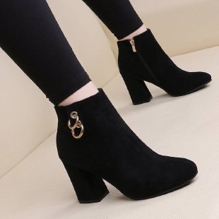 Botas cálidas y de terciopelo para mujer, Botines de tacón de bloque Vintage, zapatos de tacón alto con cremallera lateral, tallas grandes 69m
