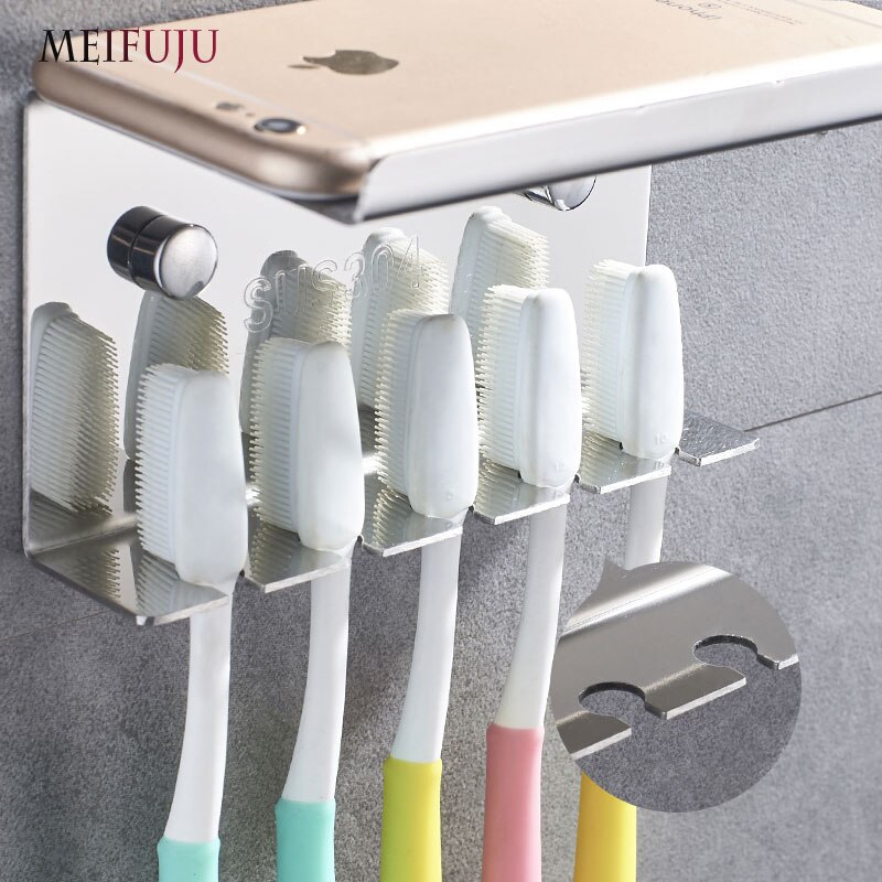 MEIFUJU Black Bathroom Shelves SUS304 Stainless Steel Toothbrush Holder with shelf phone Dish Wall-mounted Bathroom Accessories