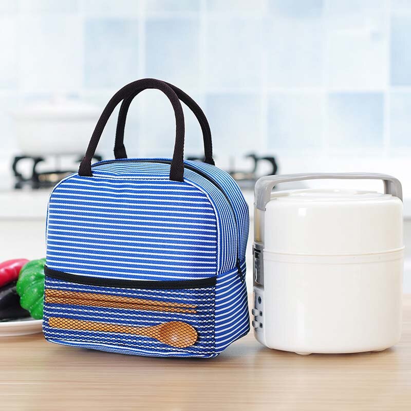 Bolsa térmica a rayas para niños, bolsas de almuerzo térmicas de aislamiento, portabotellas impermeable Madeira, Bolsa de almacenamiento de alimentos, Hobos: Blue New Striped