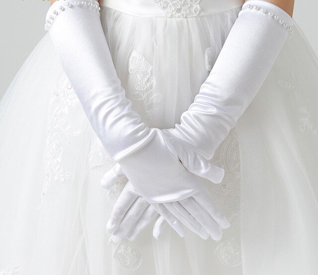 1 par de guantes de lazo de encantadora de boda para niñas y flores, accesorios de comunión para ceremonia, guantes para niños: A White L 8-14Years