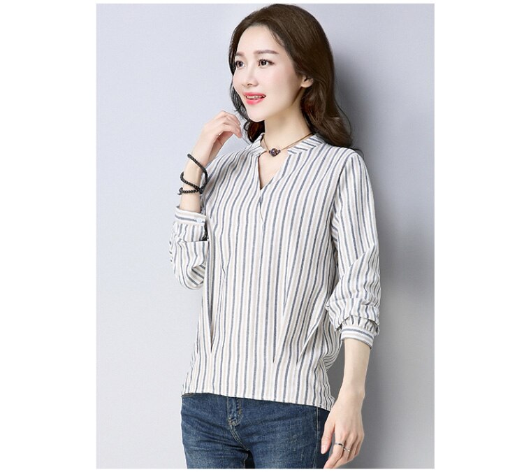 Nueva camisa de manga larga a rayas para oficina para mujer, blusa a la con cuello en V, blusas para mujer, ropa de algodón y lino D813 30