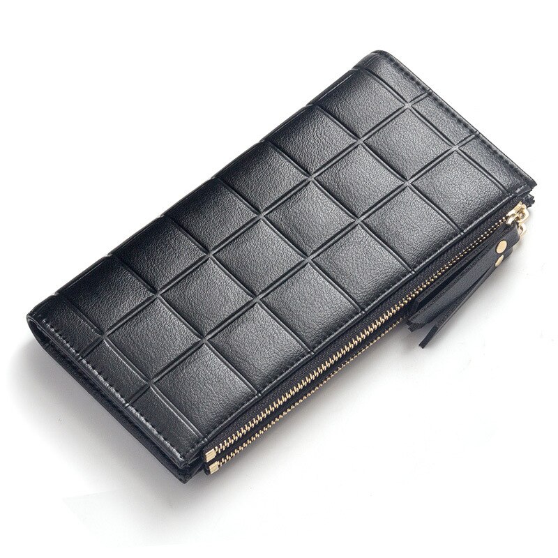 Classic Vrouwen Lange Portemonnee, Dubbele Rits Gesp, Handtas, Geruite Mobiele Telefoon Zak, reliëf Handtas, Nul Portemonnee: Black