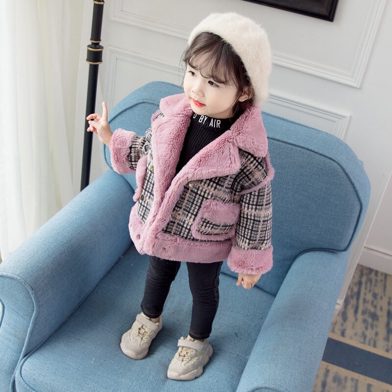 Flickor vinter rutig kappa baby sammet prinsessa förtjockad koreansk stil lapel jacka: Rosa / 80
