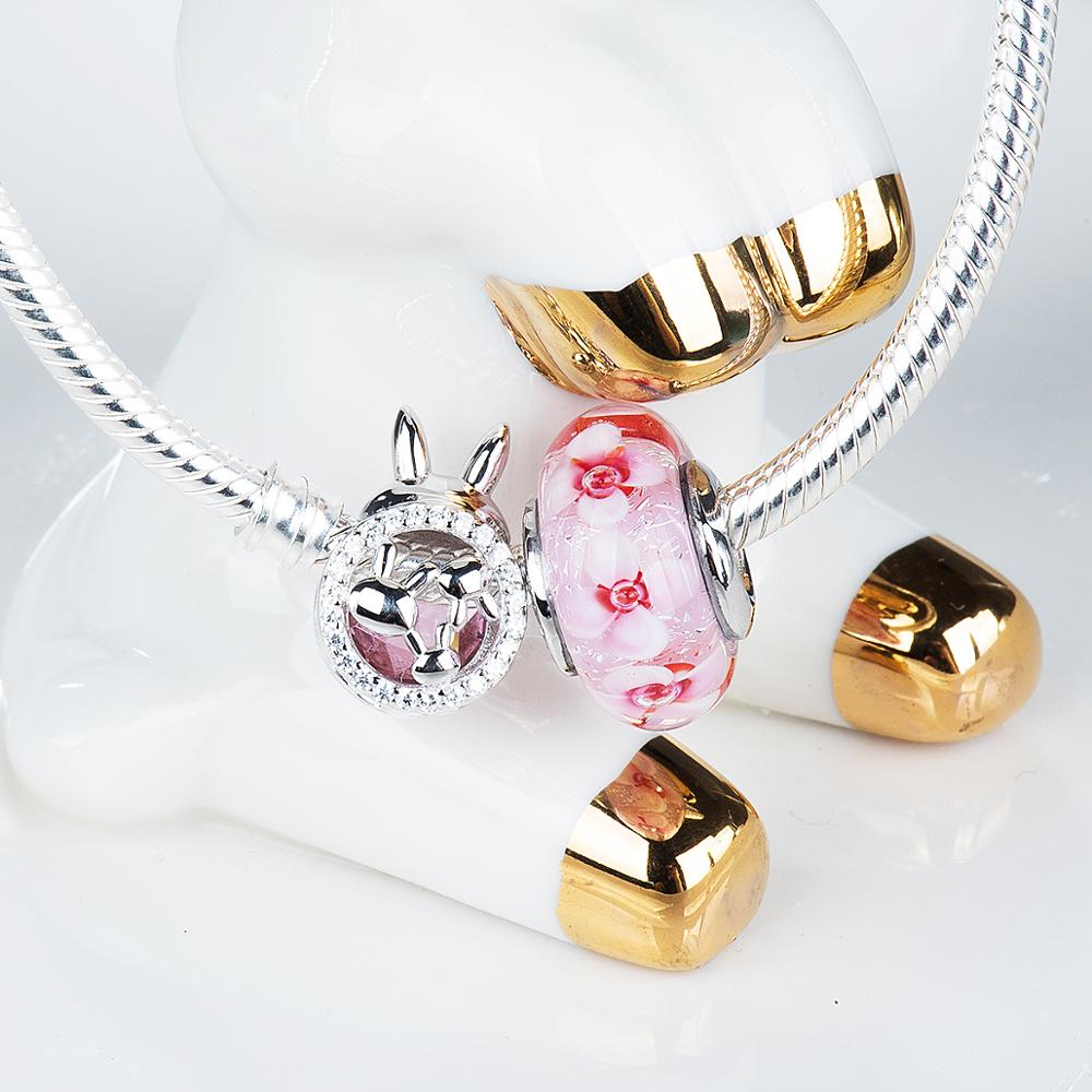 Carino coniglio grande rosa di zircon 925 sterlina perline D'argento di fascini misura I Braccialetti non cambiano Mai colorDDBJ002