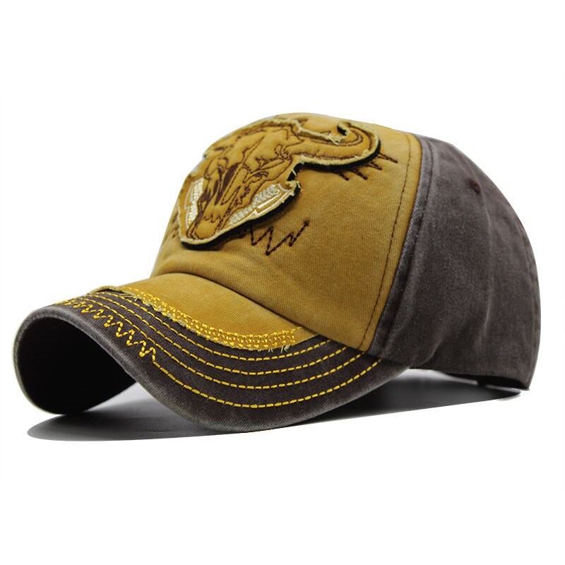 Baseball Cap Bull Head Embroidery Washed Casual Retro Outdoor Men's Sun Hat: yellow