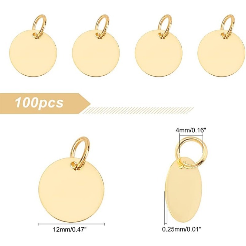 100 Stück Durcheinander-Stempel-Rohling-Schild-Reize, 12 mm, flach, rund, Metall-Stempel, Anhänger, goldene Rohlinge, Anhänger mit Biegering für Armbinde