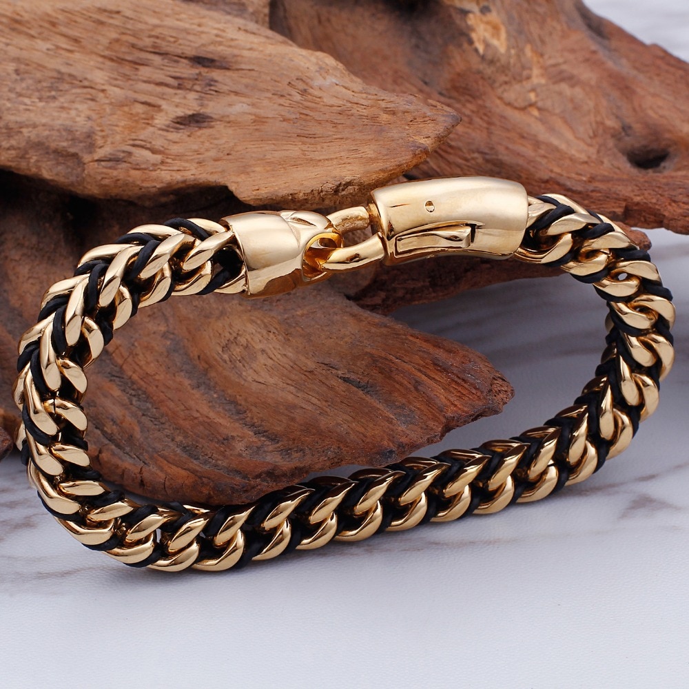 8MM Geflochtene Leder wickeln Armbinde Männer Goldene Gold Überzogene Edelstahl männer Armbänder Für Männer Indische Schmuck Geburtstag