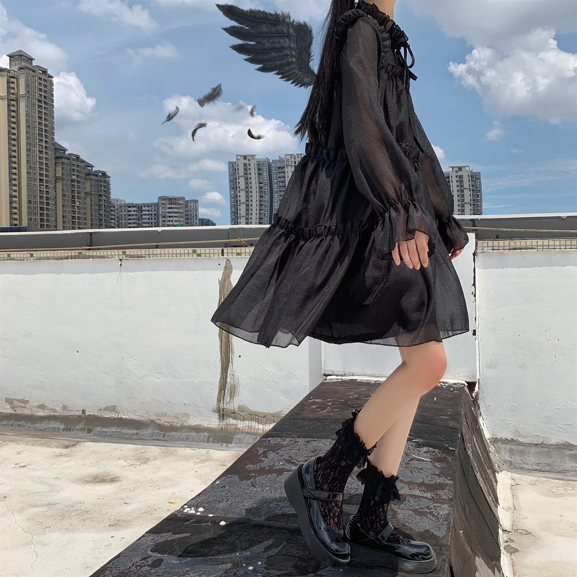 Vestido de princesa de manga de campana de adorable Vestido de lolita de estilo japonés, vestido de mujer de longitud media que combina con todo para Otoño e Invierno