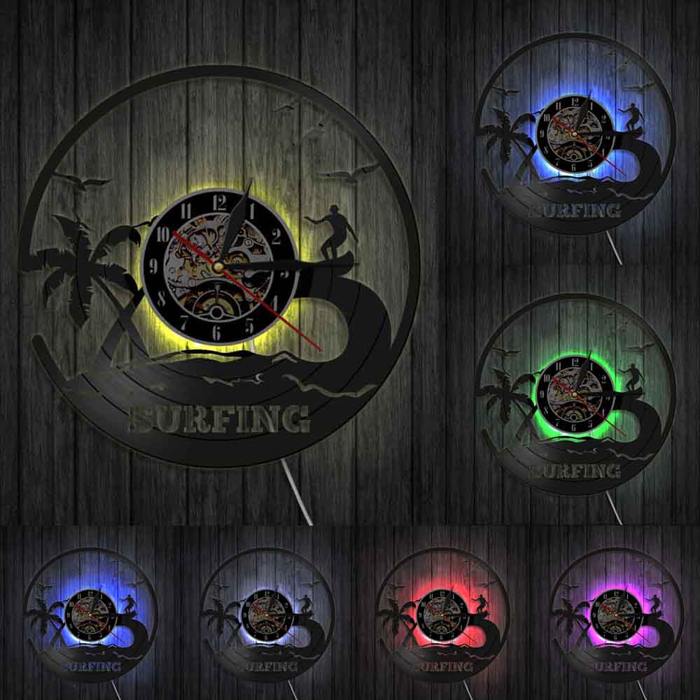 Windsurf Surfer HA CONDOTTO L&#39;orologio di Silhouette Decorazione Della Parete Del Vinile Record Orologio Da Parete Fresco Living Room Interior Decor Complementi Arredo Casa: With LED