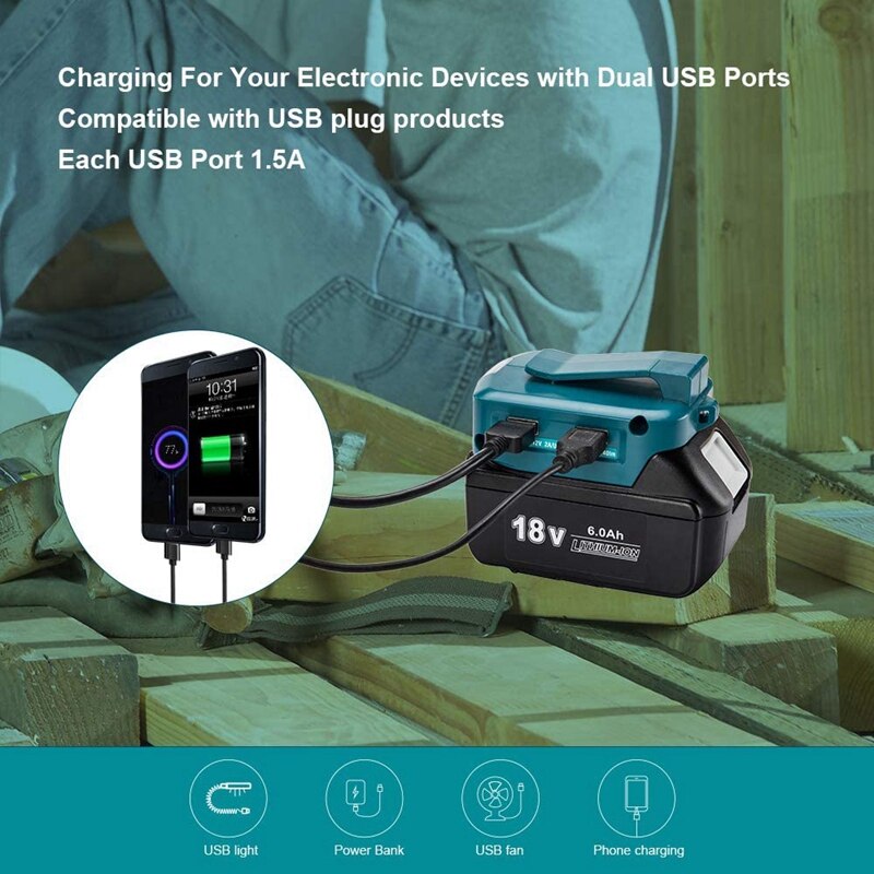 for Makita ADP068 14.4V/18V Lithium-Ion Battery Adapter Power Source Batteries Charger with Dual USB Ports LED Light