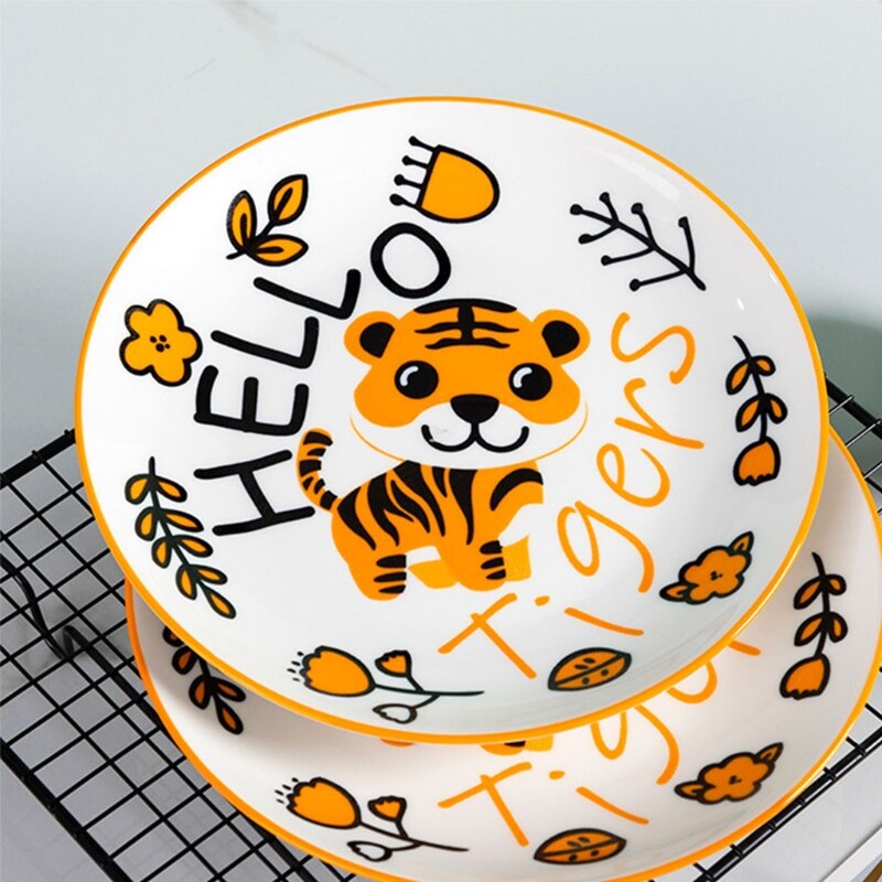 Cartoon Smiling Tiger Ceramic Dinner Plate Fun Animal Kids Fruit Dish Tableware