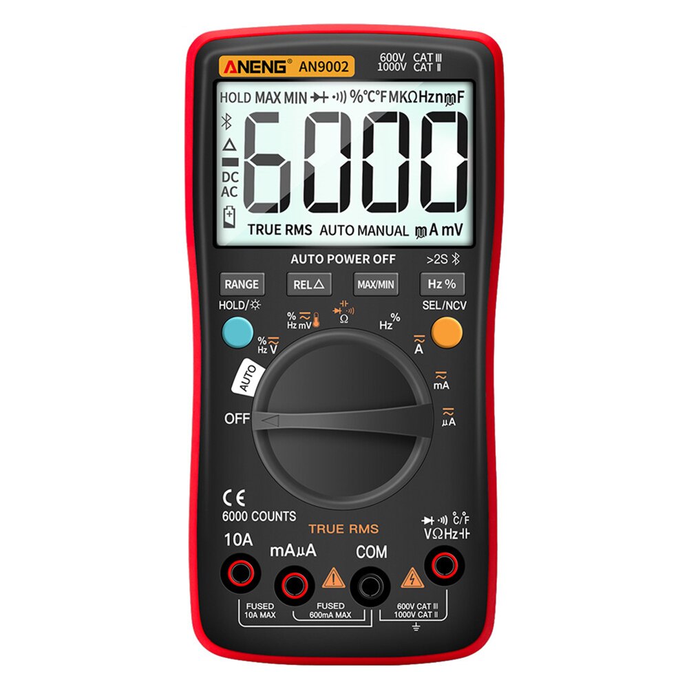 Wireless Bluetooth Digital Multimeter RMS Manual/Auto Strong Toughness Electric Portable Range Voltmeter Ammeter: Red