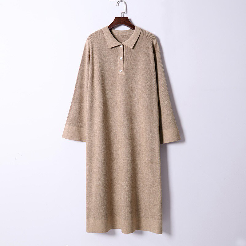 HLBCBG Vestido largo de gran tamaño de punto de las mujeres Maxi recto grueso cálido Turn-Down Collar suéter vestido Otoño Invierno botón vestido de: Caqui