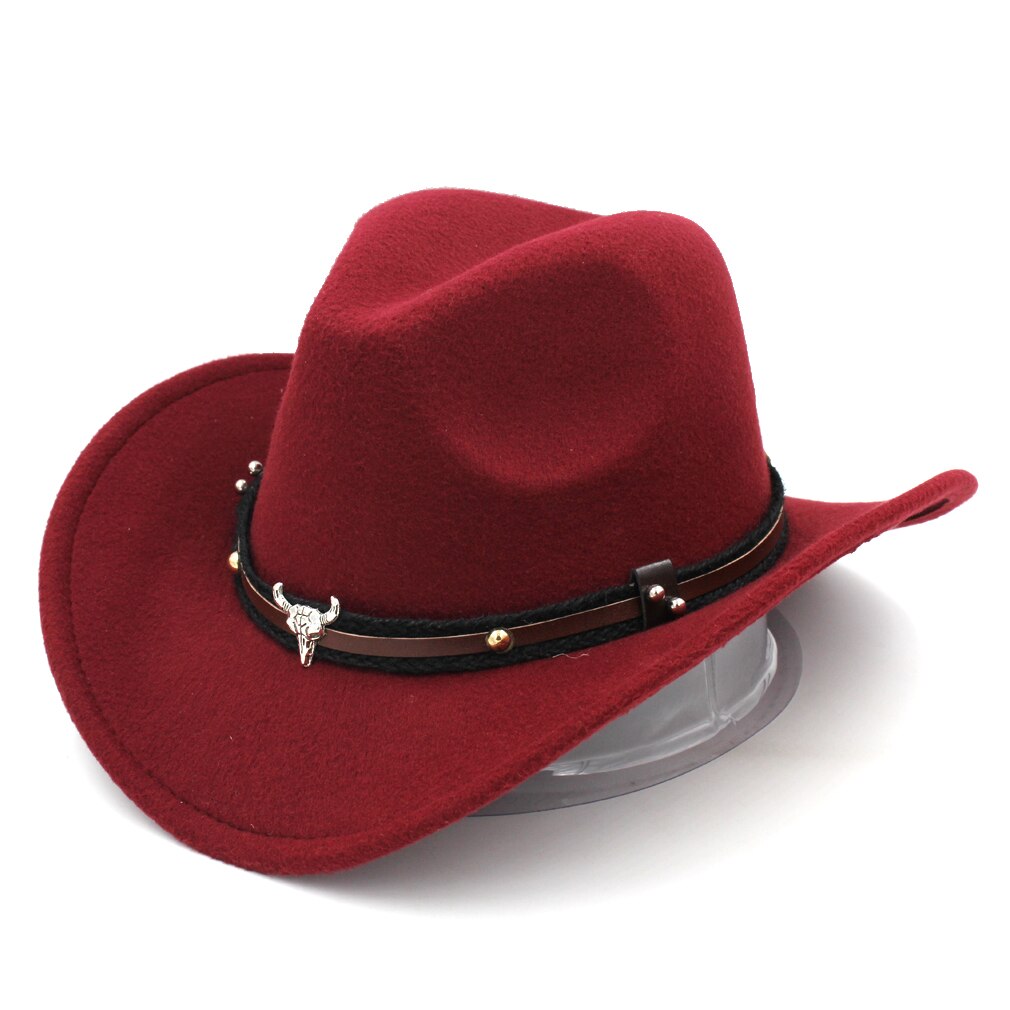 Mistdawn Wild Western Cowboy Hat Cowgirl Sombrero Cap Wool Blend Stiff Wide Brim with Tauren Leather Belt Size 56-58cm BBI: Wine Red