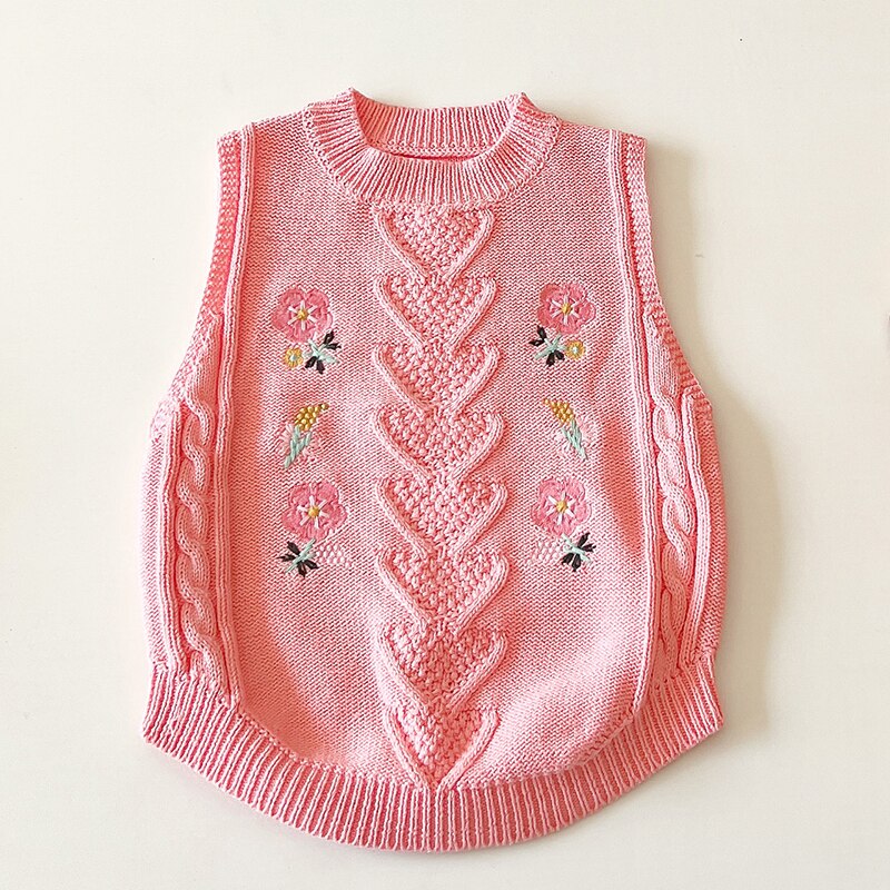 Pulls de Style coréen pour enfants, pull tricoté, hauts pour bébés filles, gilet tricoté, sans manches, broderie de fleurs, printemps automne
