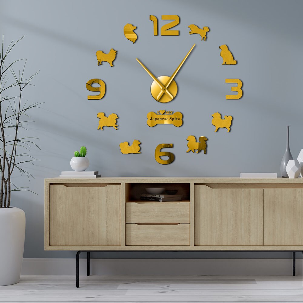 Spitz-Reloj de pared grande de acrílico para mascotas, calcomanías decorativas de pared con japonés de perro, Animal, tienda de cachorros, sin tic-tac