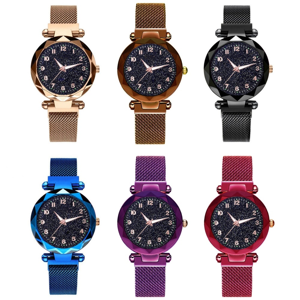 Women watch wild Starry Round Dial sky numeral Milan Magnetic Clasp Ladies Geometric Roman Numeral Quartz Analog Watch