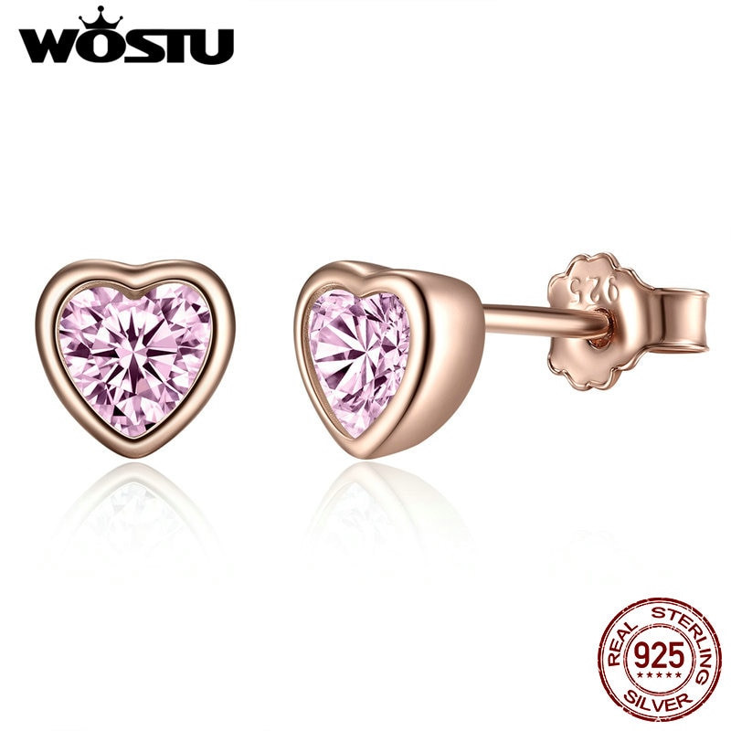 WOSTU Authentische 925 Sterling Silber Rose Gold Herz Stud Ohrringe Für Frauen Funkelnden Rosa CZ Schmuck Silber Party