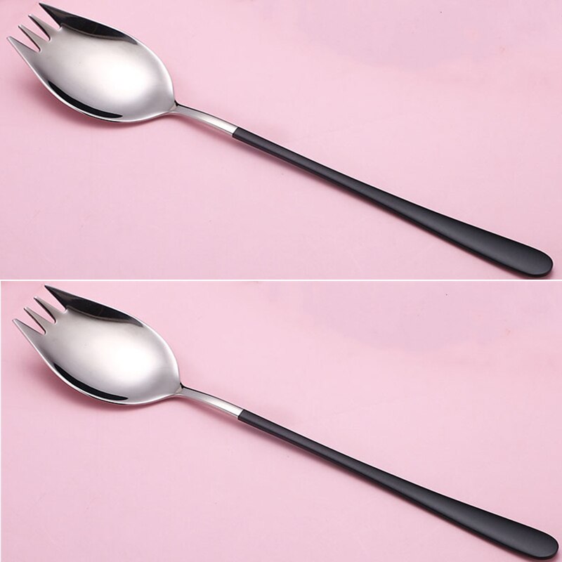 2Pcs Fork Spoon 2 In 1 Multi-function Camping Tableware Stainless Steel Cutlery Salad Spoons Unique Spoons Gold Dessert Spoon: 2pcs Black silver