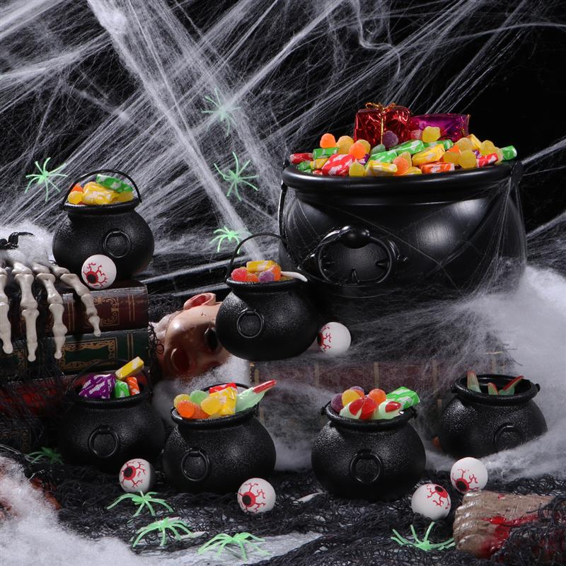 7 stuks zwarte ketel, 6 stuks oogbollen, halloween snoepemmer, ketel, feestartikelen, benodigdheden, decoratie, kleine zwarte emmer en oogbol
