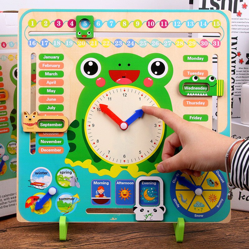 Træ tegneserie frø kalender ur sæt træ kalender tid kognitivt matchende legetøj børn tidligt læring uddannelse legetøj