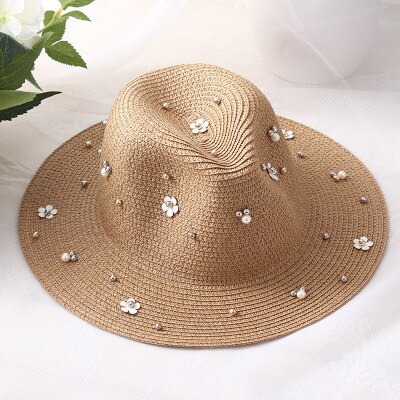 2018 Nuove Donne di Estate All'aperto Cappelli da Sole Solido Grande di Paglia Tesa Traspirante Cappello di Snapback Regolabile Della Perla di Modo Tappo Superiore Per della signora: khaki