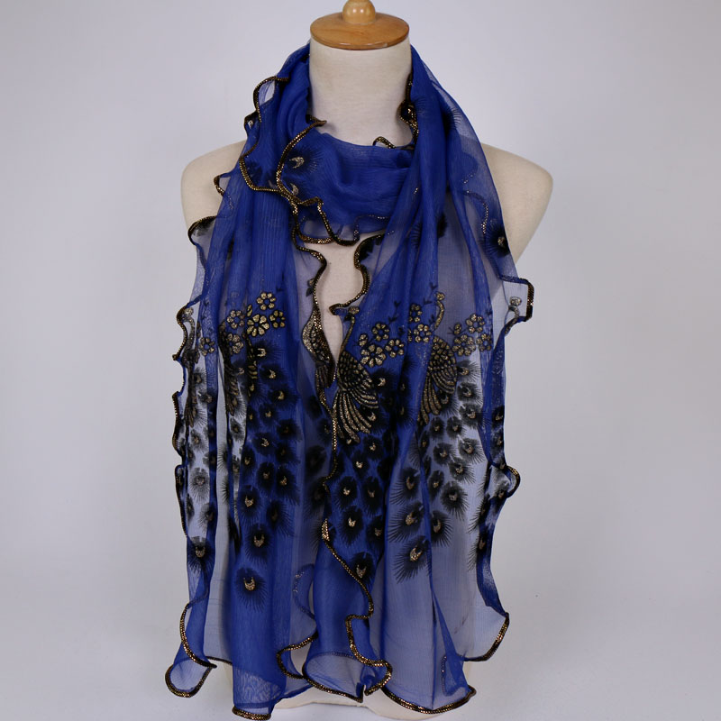 Peacock Flower Print Scarf Shawl Wrap Women Multi-Color Pashmina Scarf Soft Veil Stoles Scarves Popular Neckscarf Hijabs: Brown