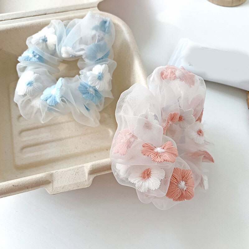 Scrunchies de malla con flores bordadas para mujer, cuerda para el cabello rosa y azul, tul transparente, lazos para el cabello de Organza, accesorios románticos para el cabello