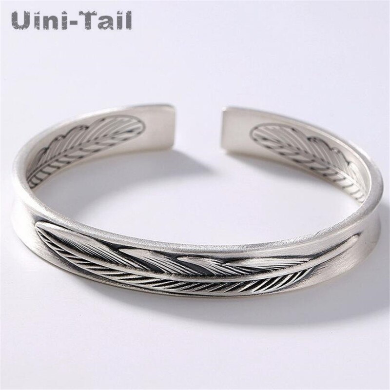 Uini-Tail authentic 925 Tibetan silver retro feather bracelet personality simple couple models open bracelet